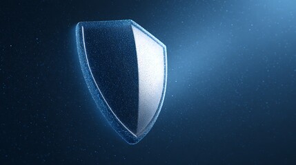 Glowing digital shield floating in a dark blue space with scattered particles