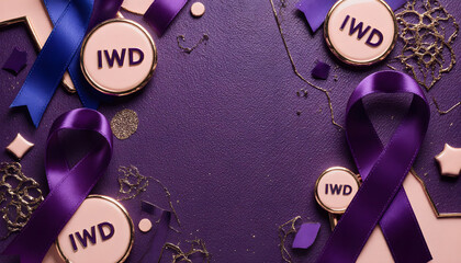 Purple ribbon lapel pins with raised &ldquo;IWD&rdquo; lettering on elegant background for International Women&rsquo;s Day  