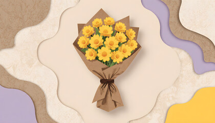 Yellow mimosa bouquet wrapped in kraft paper on modern abstract background  