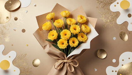 Bouquet of yellow mimosas wrapped in premium kraft paper for International Women&rsquo;s Day  