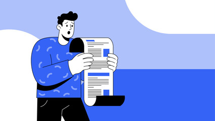 Cartoon man in a blue patterned sweater holds a document, bill, tax check, eyes wide and mouth open in shock. Ideal for illustrating bad news, or unexpected information, tax paying, rising prices.