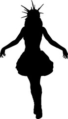 Silhouette of gothic style woman standing in an expressive pose with spiked hair and elegant dress. Black outline emphasizes her mysterious and dramatic appearance, evoking fantasy and dark magic.