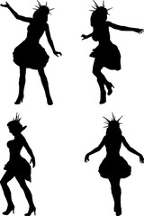 Silhouette of gothic style woman standing in an expressive pose with spiked hair and elegant dress. Black outline emphasizes her mysterious and dramatic appearance, evoking fantasy and dark magic.