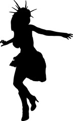 Silhouette of gothic style woman standing in an expressive pose with spiked hair and elegant dress. Black outline emphasizes her mysterious and dramatic appearance, evoking fantasy and dark magic.