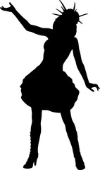 Silhouette of gothic style woman standing in an expressive pose with spiked hair and elegant dress. Black outline emphasizes her mysterious and dramatic appearance, evoking fantasy and dark magic.