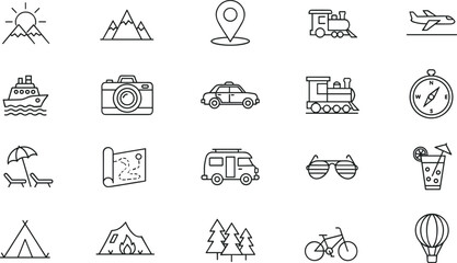 Black-and-white icons set representing travel, adventure, and nature for tourism branding, outdoor content, and vacation-themed design visuals © Hafeza