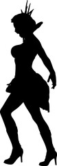 Silhouette of gothic style woman standing in an expressive pose with spiked hair and elegant dress. Black outline emphasizes her mysterious and dramatic appearance, evoking fantasy and dark magic.