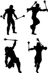 Black silhouette of a warrior wielding two spiked maces. The figure has a muscular build and dynamic posture, symbolizing strength, combat readiness, and fierce energy.