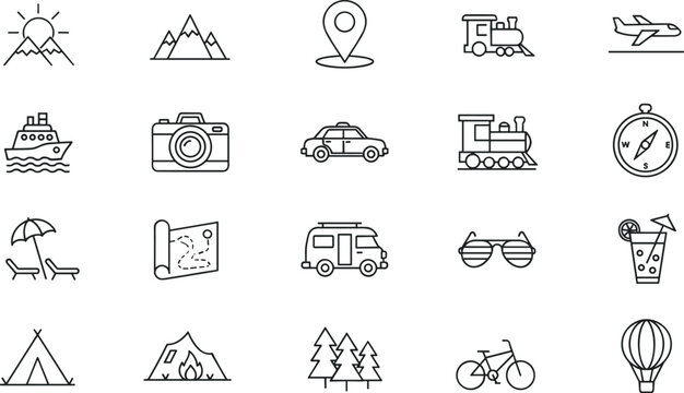 Black-and-white icons set representing travel, adventure, and nature for tourism branding, outdoor content, and vacation-themed design visuals