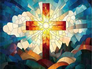 Cross in radiant light &ndash; Christian stained glass symbolizing faith, hope, and spirituality. AI generative.