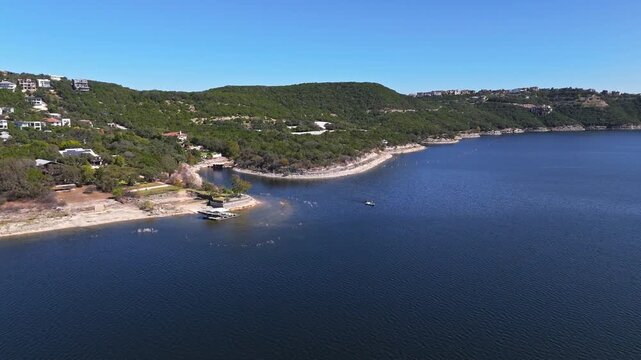 High aerial push in shot of Lake Travis