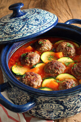 Hearty Meatball Vegetable Soup in Rustic Pot &ndash; Generative AI