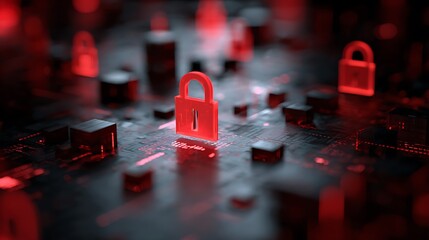 Glowing red padlock symbols floating above a computer circuit board, hinting at cybersecurity