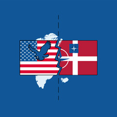 Conceptual flat vector illustration showing Greenland divided by competing geopolitical interests, US symbols on one side and Denmark with NATO on the other, modern editorial illustration, bold colors