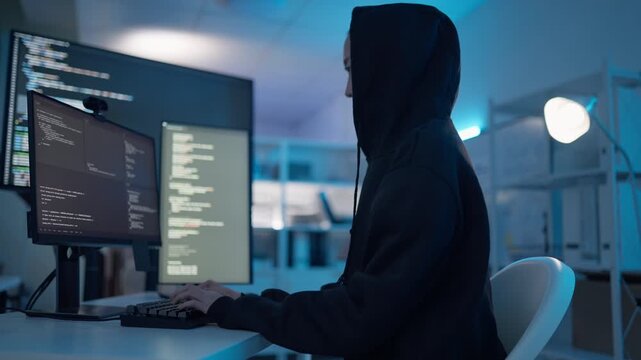 Mysterious hacker in a black hoodie stealing sensitive data using multiple monitors in a dark room. Professional cybercriminal performing a cyber attack and coding on computer in a dim lit office.