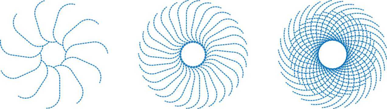 Abstract Blue Dashed Line Radial Spiral and Sunburst Vector Illustration Set