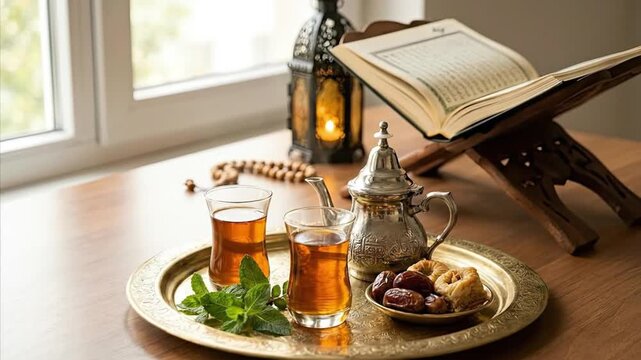 A beautiful arrangement of traditional items creates a serene tableau, inviting peaceful reflection and hospitality. An open sacred text rests gracefully on a wooden stand, illuminated by the gentle g