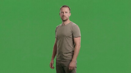 A young man in a green shirt with Green Screen
