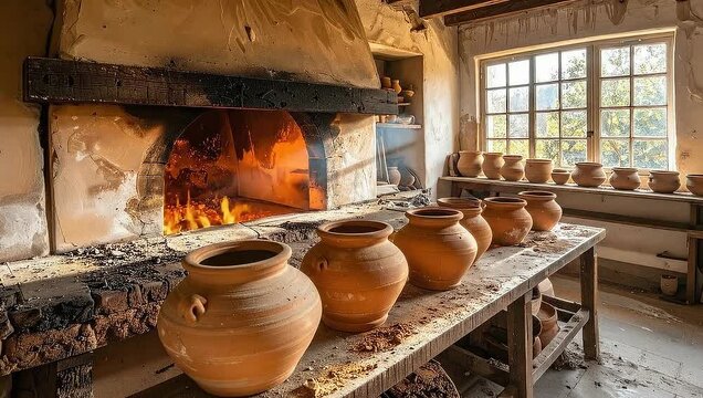 Traditional pottery workshop with a glowing wood-fired kiln and handmade clay pots lined on a rustic wooden table.