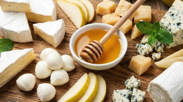 A beautifully arranged gourmet cheese board is presented on a rustic wooden surface, showcasing a delectable assortment of various cheese types. The spread includes wedges of soft-ripened cheese, irre