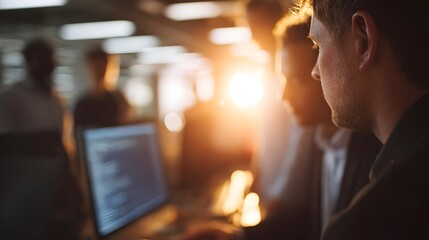 A team of professionals collaborates around a computer screen displaying code illuminated by warm sunlight