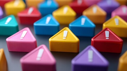 Vibrant and colorful triangular warning icons with exclamation marks displayed with shallow depth of field