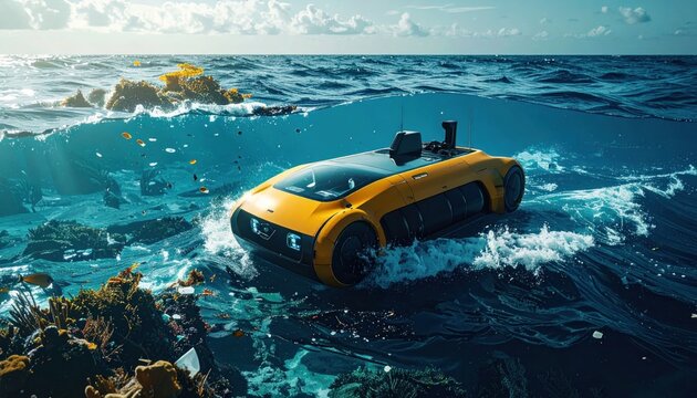 Futuristic Yellow Amphibious Vehicle Navigating Choppy Ocean Waters.