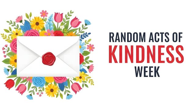Random Acts of Kindness Week Background with Envelope, Flowers and Heart Seal, Charity Awareness Concept