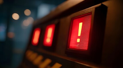 Close up of a digital control panel featuring multiple red warning lights one prominently displaying an exclamation mark symbol