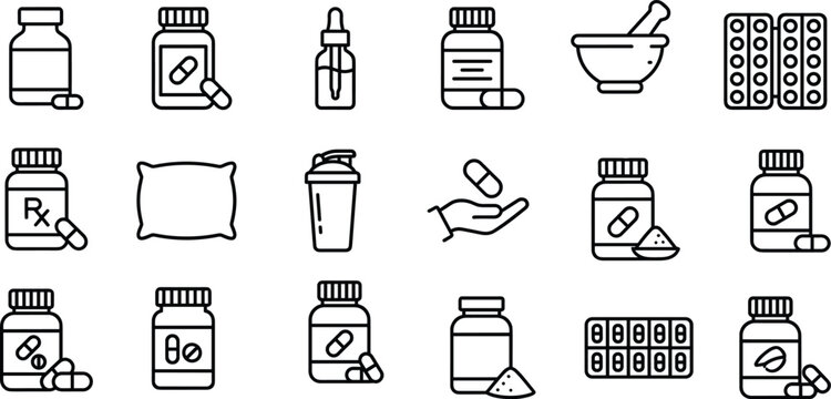 Minimalist medical and pharmaceutical icon set featuring pills, capsules, prescription, treatment, healthcare tools, and medication symbols