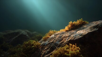 Sunlight shafts illuminate rough underwater rocks covered in vibrant algae