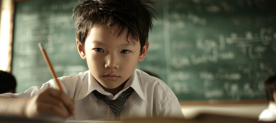 Focused Asian Boy Taking Math Test in Classroom with Chalkboard