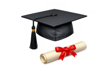 Graduation cap and rolled diploma tied with a red ribbon, symbolizing academic success, completion, and milestone achievements
