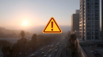 A graphic warning sign with an exclamation mark is superimposed on a foggy city highway at sunrise
