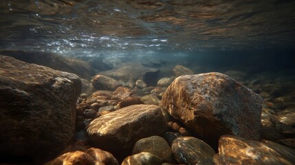 Obraz premium Underwater view of a rocky riverbed with light filtering through the surface