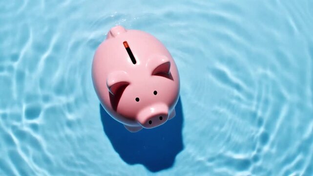 Pink piggy bank floating on rippling blue water, symbolizing financial buoyancy and stability.