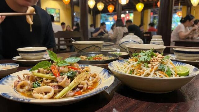 A captivating close-up captures a vibrant culinary spread on a rustic wooden table within a warmly lit restaurant. Two distinct dishes take center stage: a savory seafood entree, rich with aromatic he