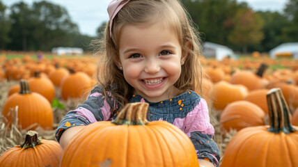a happy girl picking pumpkins.