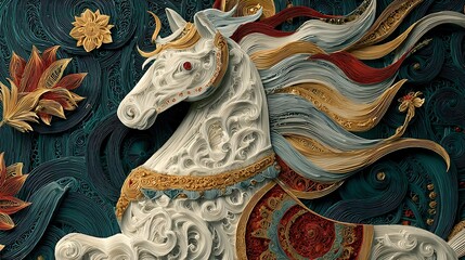 Intricate paper filigree horse with flowing mane, ornate detailing, against teal swirls