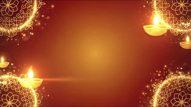 Red and golden luxury traditional indian festival background featuring glowing rangoli art and hanging oil lamps for diwali, pongal, hindu puja and makar sankranti celebration