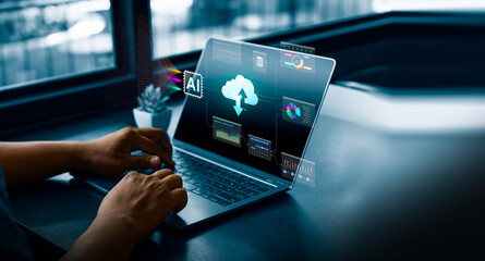 AI cloud computing and data integration concept with person using laptop showing artificial intelligence, analytics, and cloud network system for digital transformation and smart technology innovation