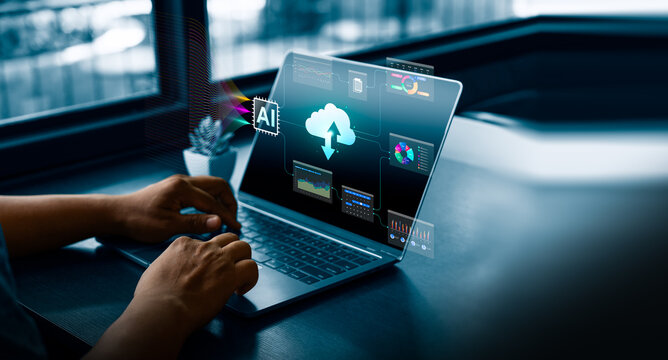 AI cloud computing and data integration concept with person using laptop showing artificial intelligence, analytics, and cloud network system for digital transformation and smart technology innovation - Powered by Adobe