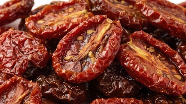 A captivating close-up showcases a vibrant bounty of sun-dried tomatoes, artfully arranged to highlight their rich, deep red and maroon hues. The intricate, wrinkled textures are prominently visible, 