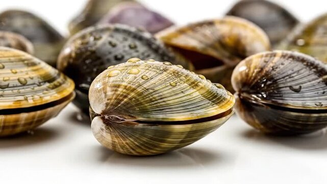 A captivating close-up showcases a collection of fresh, raw bivalve mollusks, possibly clams, meticulously arranged on a clean, light surface. Each shell gleams with natural textures and subtle variat
