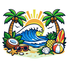 Cartoon Detailed Tropical Beach Scene with Palm Trees and Waves Illustration