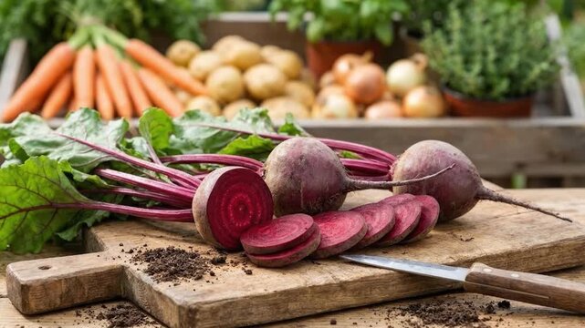 A captivating close-up showcases vibrant, freshly harvested beets arranged on a rustic wooden cutting board. One beet is whole, another is halved, revealing its deep crimson interior, and several slic