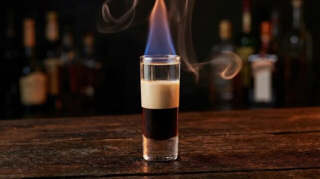 A captivating layered shot drink burns with a vibrant blue and orange flame, creating a dramatic visual effect as wisps of smoke rise. The expertly crafted beverage features distinct dark and creamy l