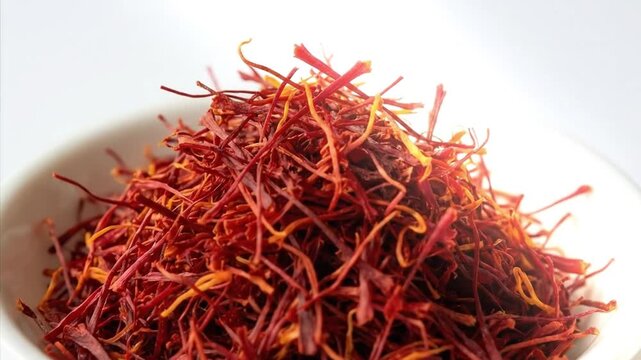 A captivating macro close-up reveals a bountiful pile of vibrant red and orange saffron threads nestled within a pristine white bowl. The intricate, delicate stigmas are showcased with exceptional det