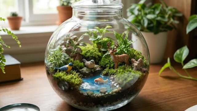 A captivating miniature terrarium rests on a warm wooden surface, bathed in soft natural light from a nearby window. This clear glass jar houses a meticulously crafted tiny ecosystem, featuring vibran