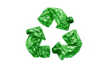 Crushed green plastic bottles forming recycling symbol, representing sustainability, waste management, and environmental care
